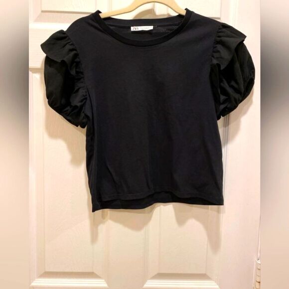 ZARA ruffle shouldered black crop top - size S - Picture 1 of 3